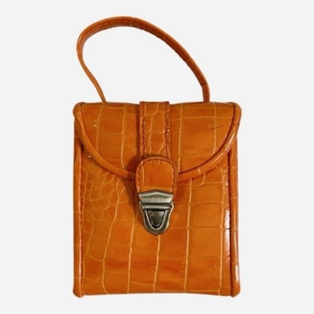 Orange Croc Embossed Faux Leather Travel Jewelry Organizer Case Handbag VG